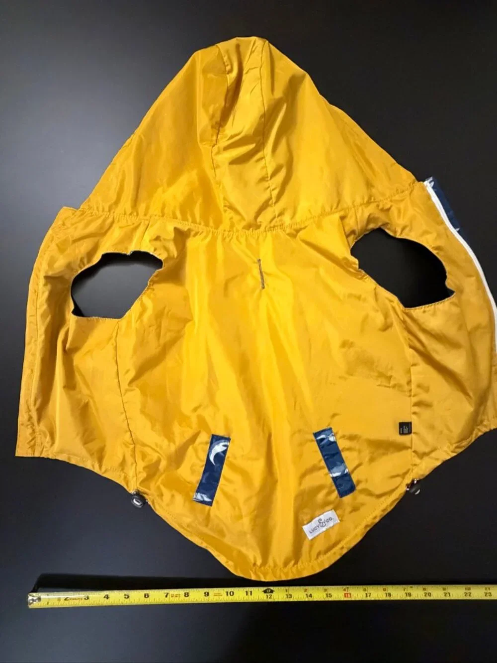 Lucy & Co. Shark Attack Reversible Dog Raincoat Size L Yellow Navy